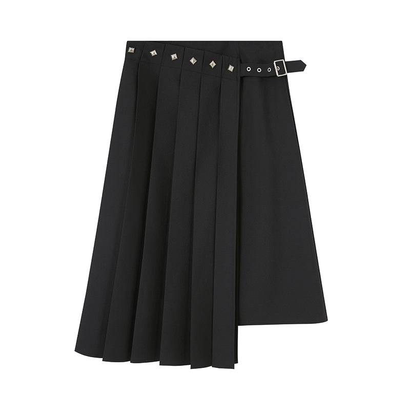 DIDDI MODA Asymmetric Pleated Skirt With Metal Studs