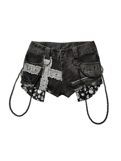 Punk Rivet Low Rise Denim Shorts With Detachable Pearl Chain