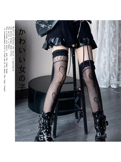 WSW WUSHENWU Y2K Fishnet Socks With Print Dark Sweet Femme Punk Style