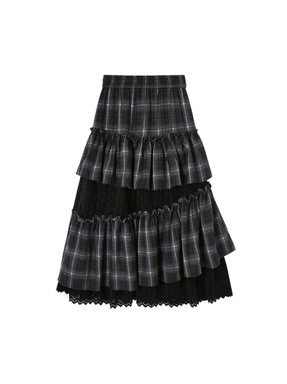 Retro Plaid Lace Tiered Ruffle Skirt