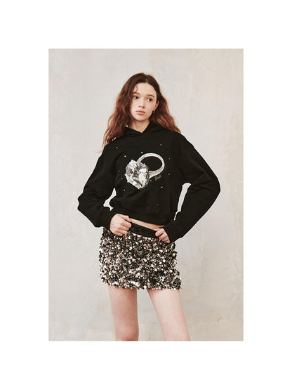 DIDDI MODA Sparkling Diamond Print Cropped Hoodie