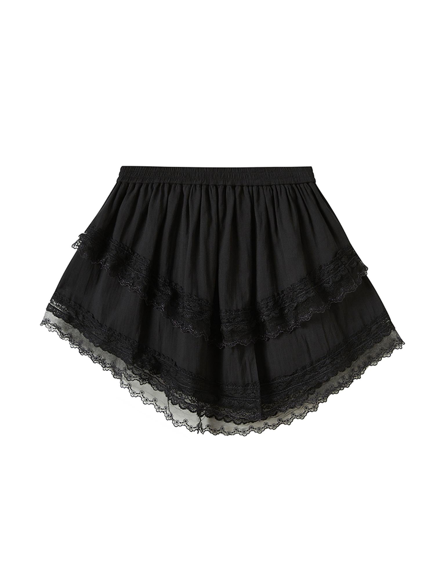 DIDDI MODA Lace Tiered Flared Skirt Irregular Hem Double Layer