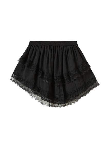 DIDDI MODA Lace Tiered Flared Skirt Irregular Hem Double Layer