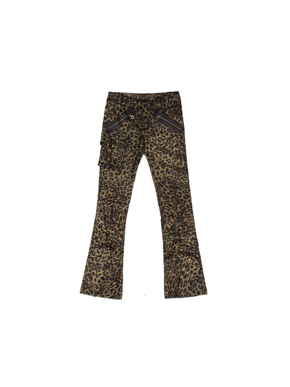 Y2K Punk Patchwork Flared Pants Retro Grunge Low Rise Leopard