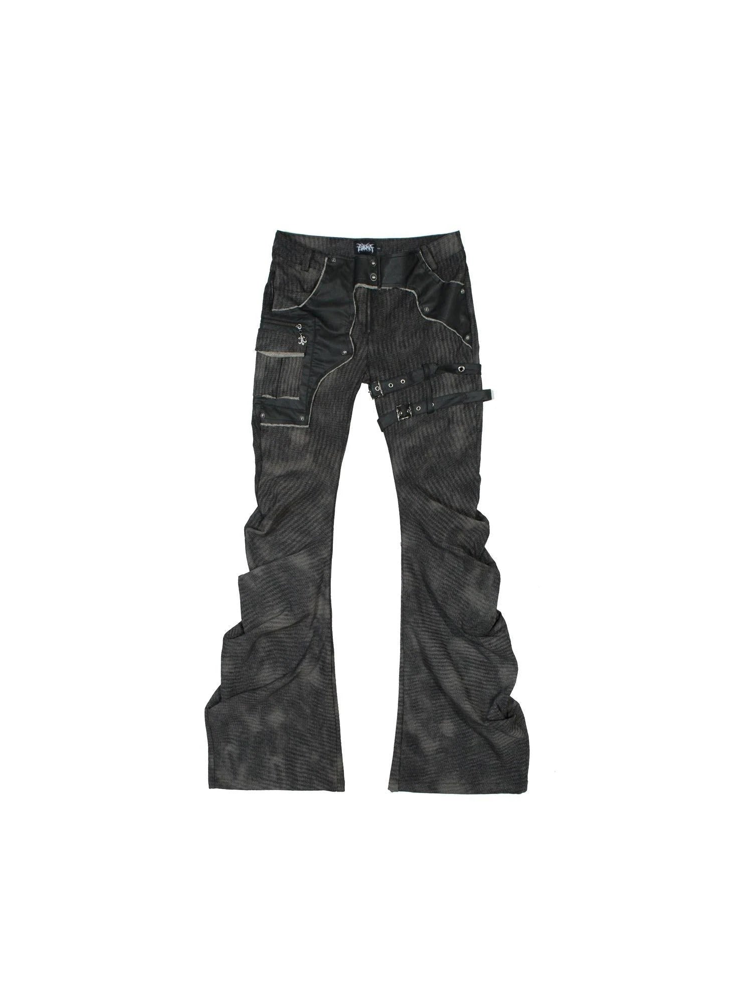 Punk Distressed Knit Denim Low Rise Flared Jeans