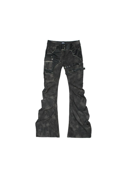 Punk Distressed Knit Denim Low Rise Flared Jeans