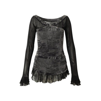 NO ROMANCE Punk Mesh Long Sleeve T-Shirt Women Spring Stretch Slim Fit Tee
