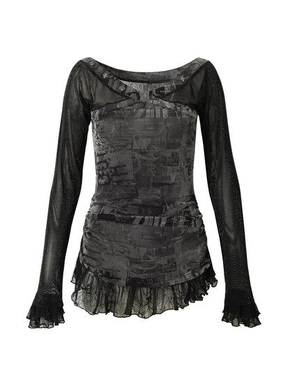 Punk Mesh Long Sleeve T-Shirt Women Spring Stretch Slim Fit Tee
