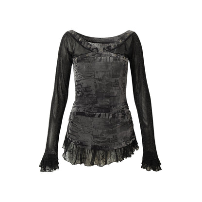 NO ROMANCE Punk Mesh Long Sleeve T-Shirt Women Spring Stretch Slim Fit Tee
