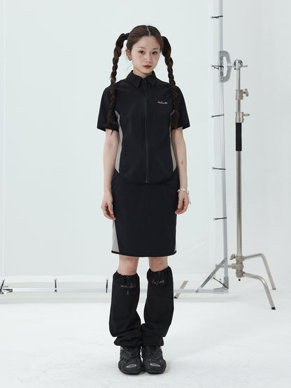 Achihara 2025 Summer Black Spliced Shirt Skirt Set For Women