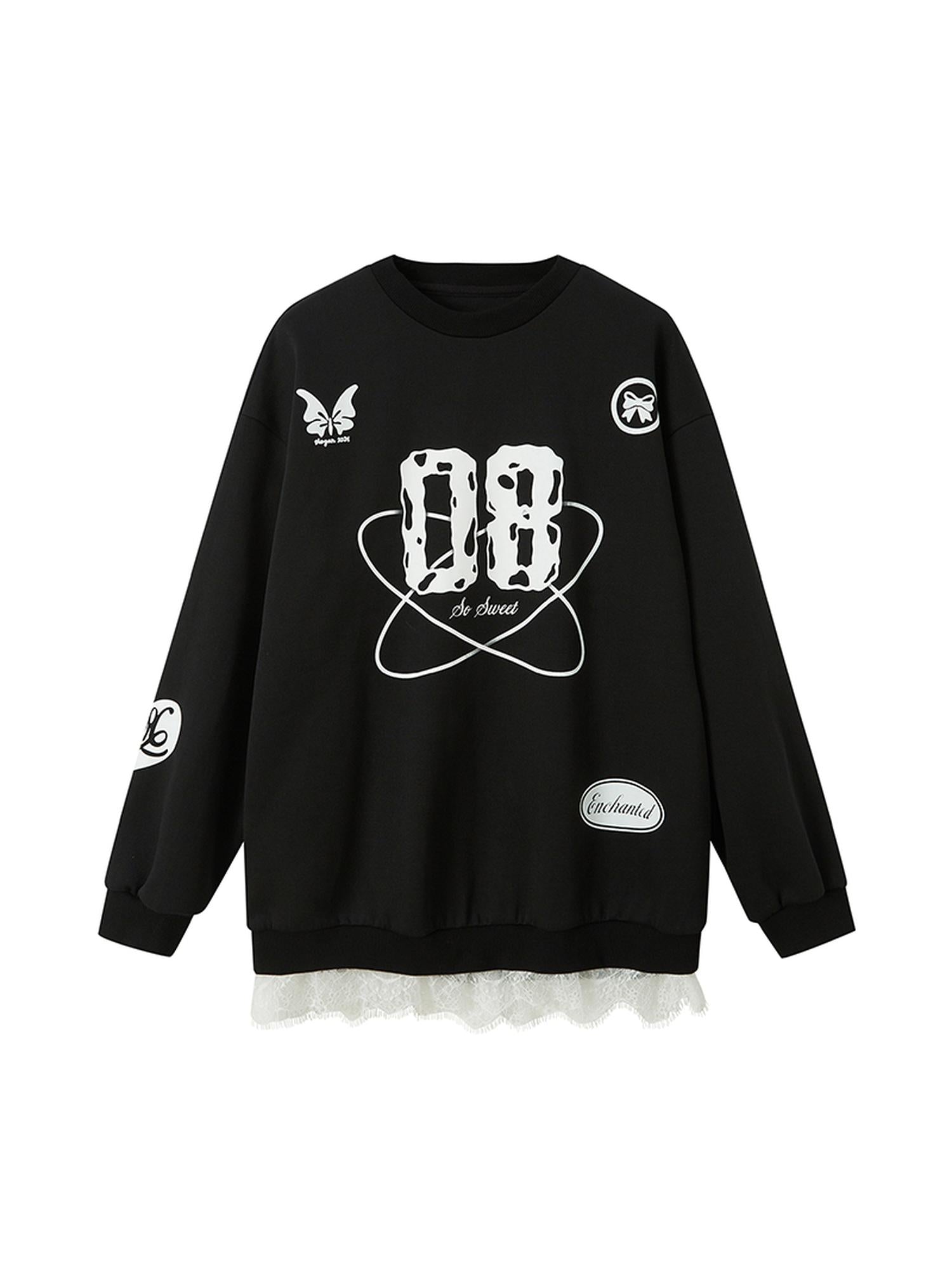DIDDI MODA Sporty Bow Patch Colorblock Set Graphic Lace Trim Hoodie
