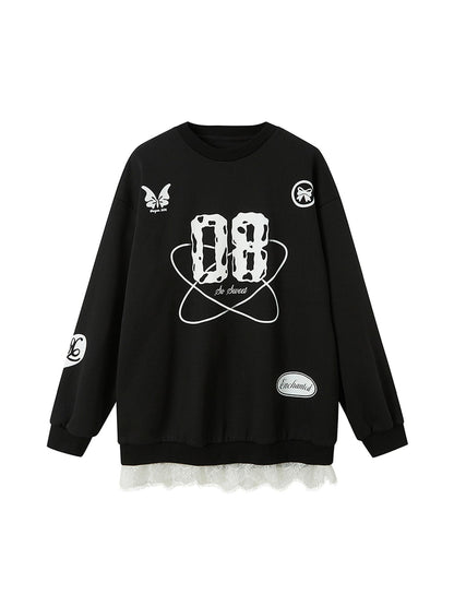 DIDDI MODA Sporty Bow Patch Colorblock Set Graphic Lace Trim Hoodie