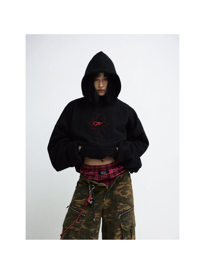 Peoplesense Unisex Black Embroidered Loose Hooded Sweatshirt Retro Style