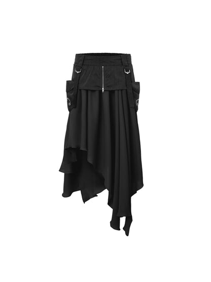 DoublePunch Flared Slit Skirt With Waistband Pockets Rhinestone Design Skirt
