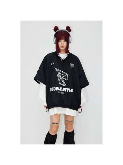 Peoplesense Retro Embroidered V Neck Red Sportswear Unisex Loose Fit Detachable Sleeves