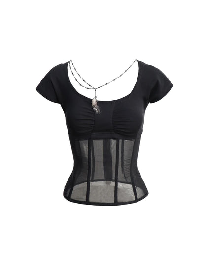 Mesh Stitching Knitted Waist Slim Fit T-Shirt