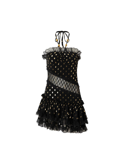 NO ROMANCE Vintage Dot Gold Lace Halter Bustier Dress