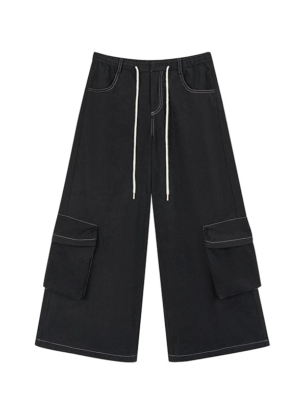 Black Straight Wide Leg Cargo Pants Women Casual Trousers