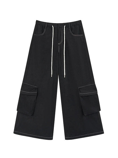 Black Straight Wide Leg Cargo Pants Women Casual Trousers