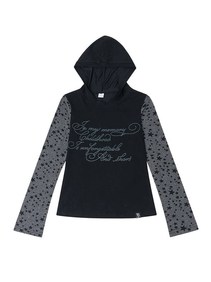 Slim Fit Hooded Round Neck Printed Patchwork T-Shirt