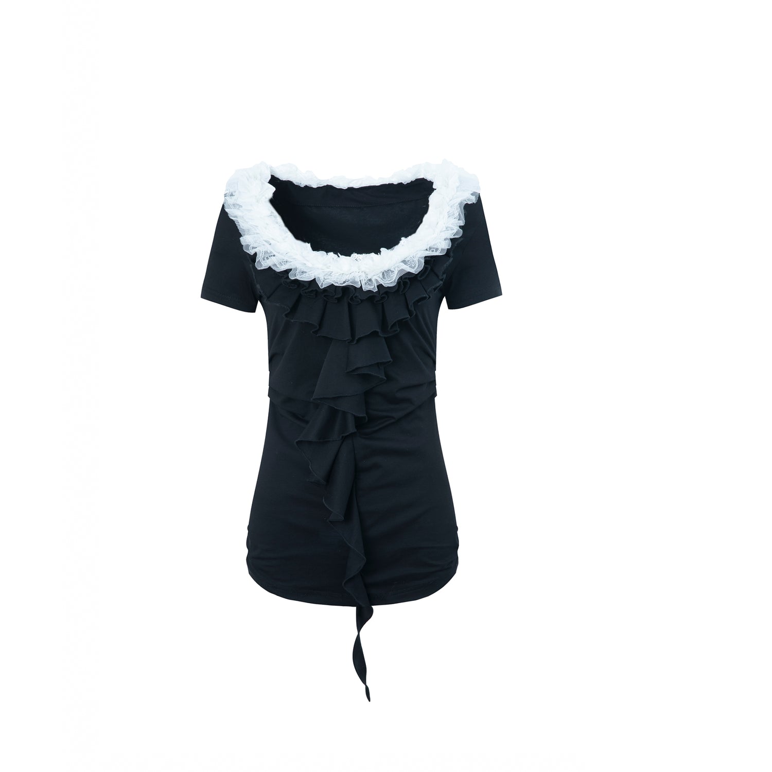 DoublePunch Vintage Lace Ruffled Slim Fit Square Neck T-Shirt