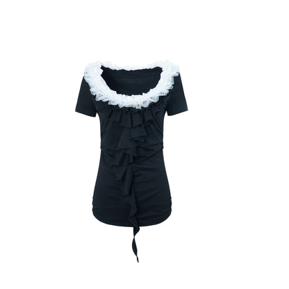 DoublePunch Vintage Lace Ruffled Slim Fit Square Neck T-Shirt