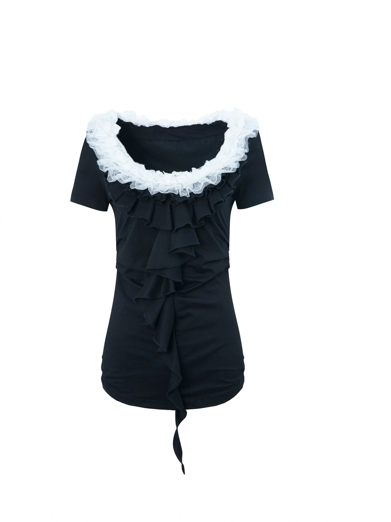 Vintage Lace Ruffled Slim Fit Square Neck T-Shirt