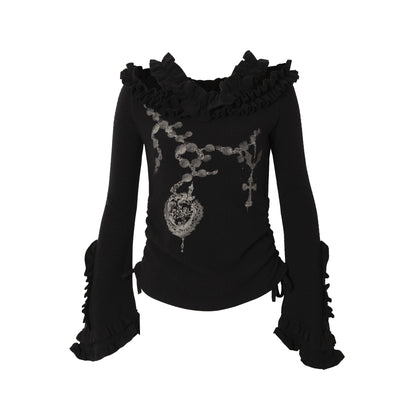NO ROMANCE禁忌浪漫 Vintage Reversible Off-Shoulder Bell Sleeve Knit T-Shirt