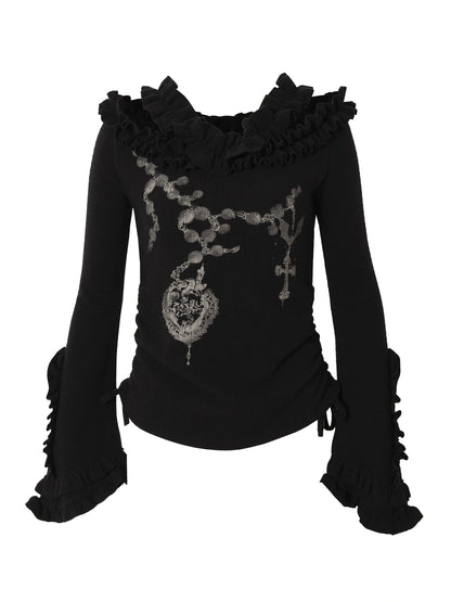 Vintage Reversible Off-Shoulder Bell Sleeve Knit T-Shirt