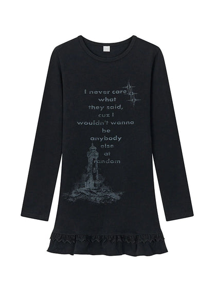 Lace Trim Floral Print Slim Long Sleeve T-Shirt Dresses