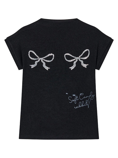 Sparkly Embroidered Bow Print Fitted Summer Tee