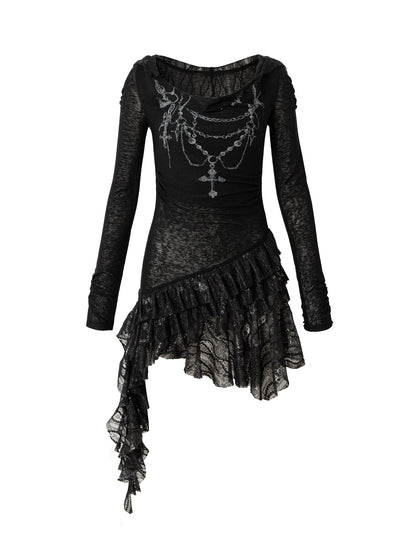 Sheer Lace Punk Print Hooded Knit Dress