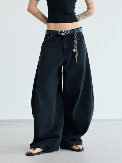 Peoplesense Simple Washed Wide Leg Jeans Relaxed Fit With Curved Hem