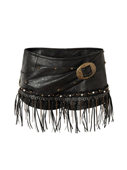 Vintage Punk Rock Studded Chain Skinny Leather Shorts