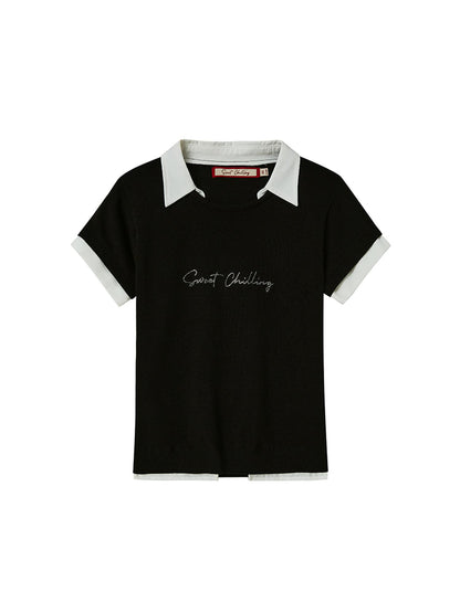 SweetChilling Cool Knit Fake Two-Layer Shirt With Ice Silk &amp; Rhinestone T-Shirt