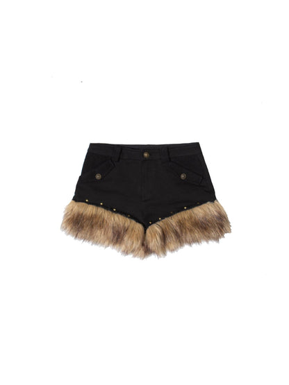 ARIADNAw Patchwork Plush Punk Shorts Irregular Wool Blend Streetwear
