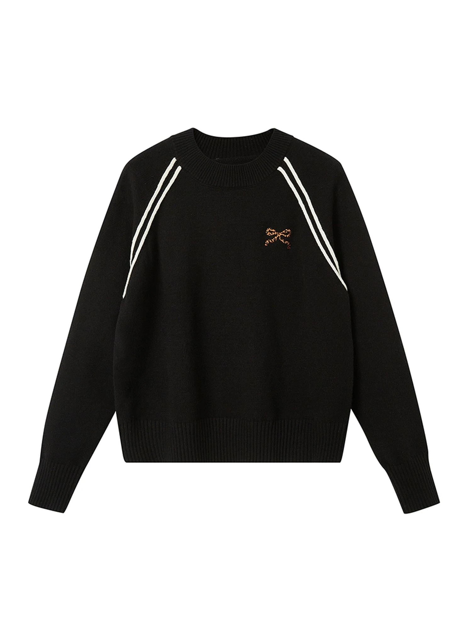 Retro Leopard Print Wide Leg Pants Bow Sweater Set