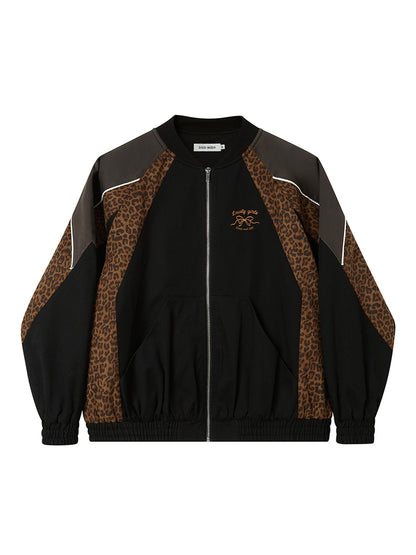 DIDDI MODA Wild Leopard Embroidered Sporty Jacket Deconstructed PU Bow Coat
