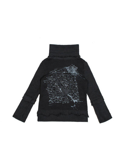 ARIADNAw Punk Rock Anchor Print Fringe Turtleneck Sweater For Women