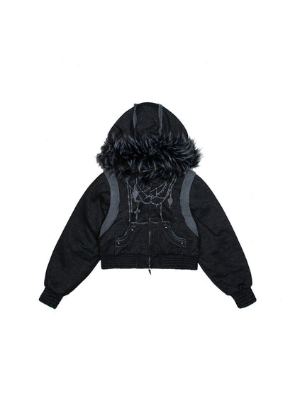 ARIADNAw Ariadna Punk Embroidered Fur Collar Bomber Jacket