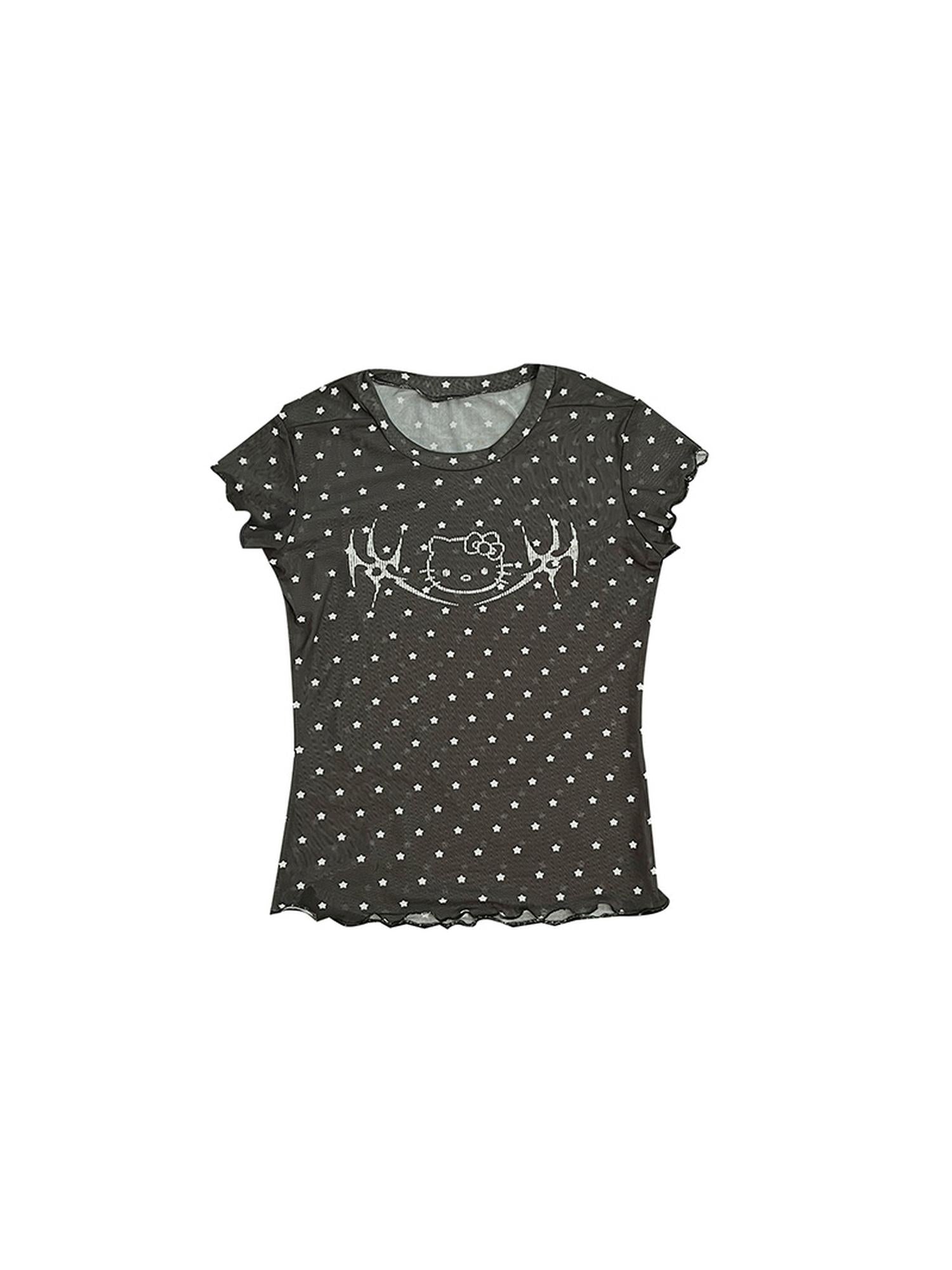 Schwarzes Mesh-Stretch-T-Shirt mit Kitty-Sternen-Print 