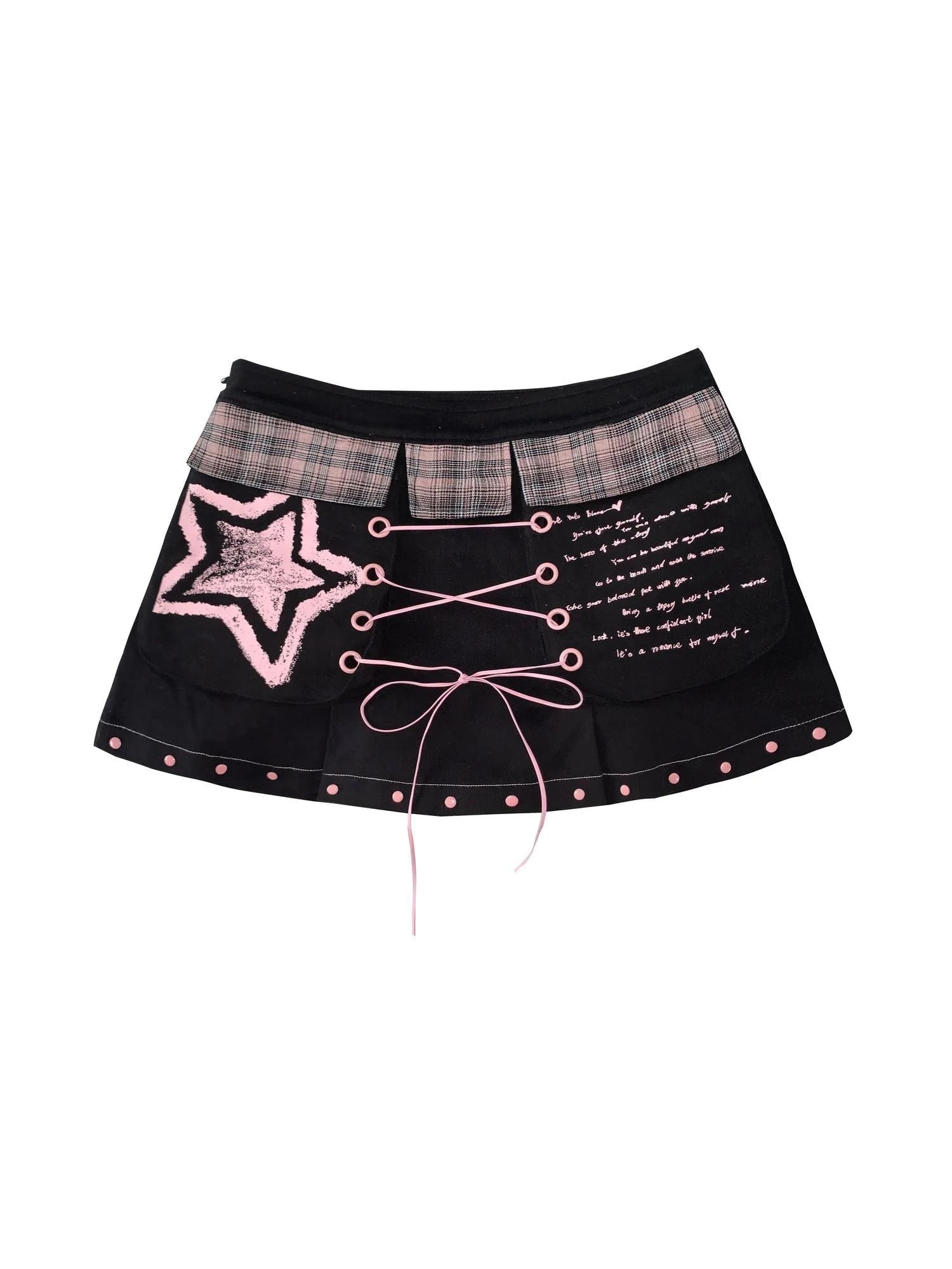 Sexy Black Pink Denim Print Studded Mini Skirt