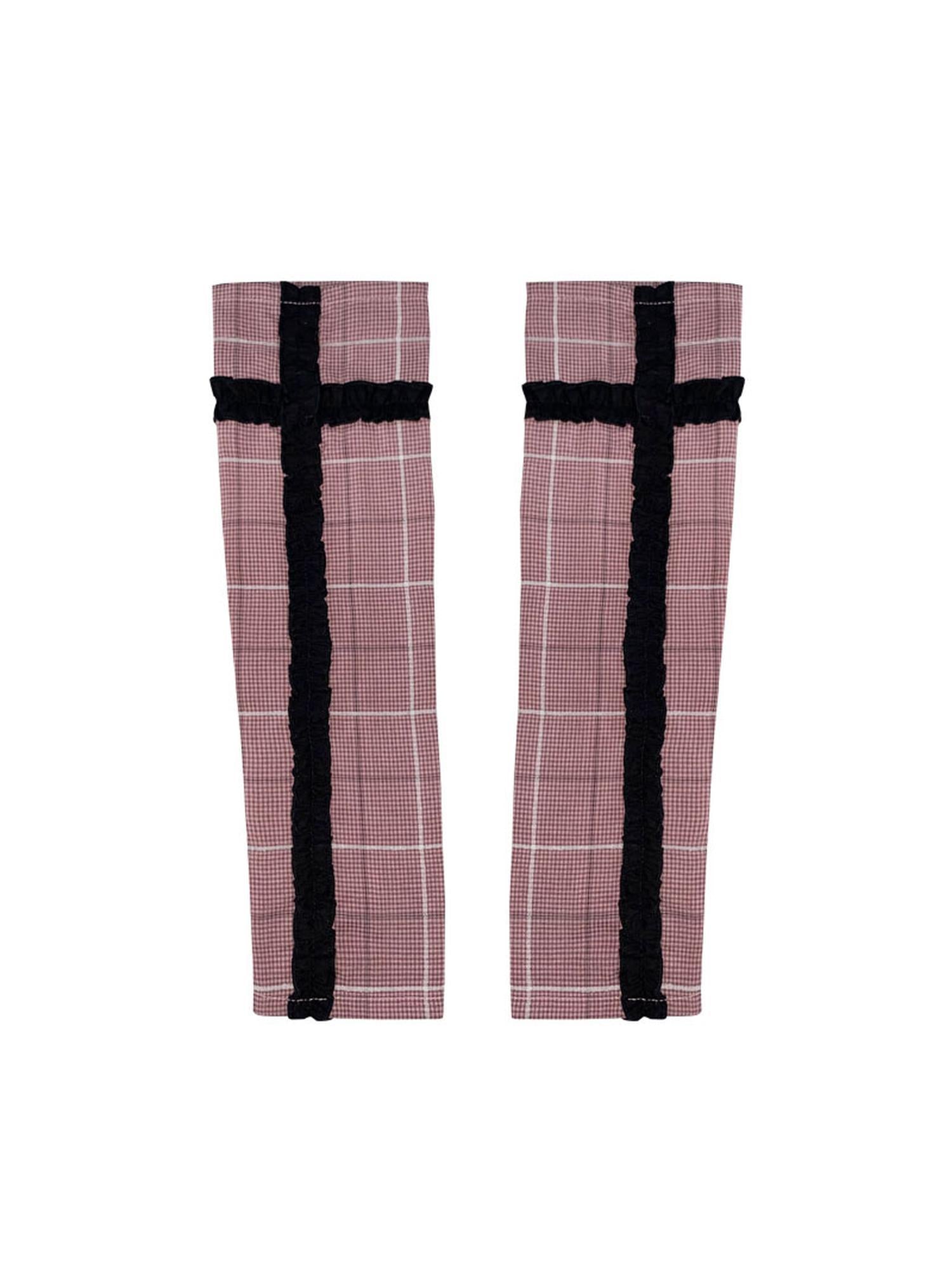 WSW WUSHENWU Y2K Pink Black Checkered Lace Sunproof Detachable Sleeves