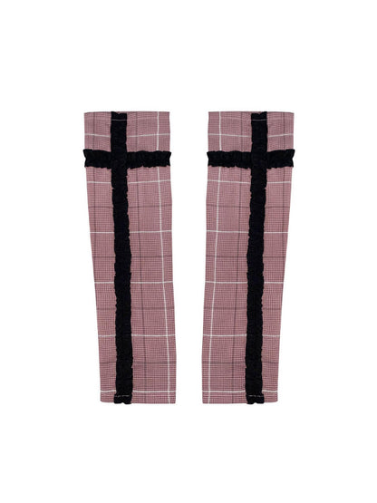 WSW WUSHENWU Y2K Pink Black Checkered Lace Sunproof Detachable Sleeves