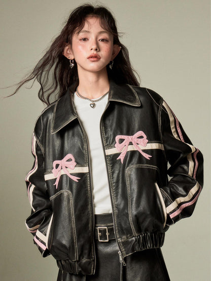 DIDDI MODA Sweet Rebel Bow Vintage Distressed Pu Jacket