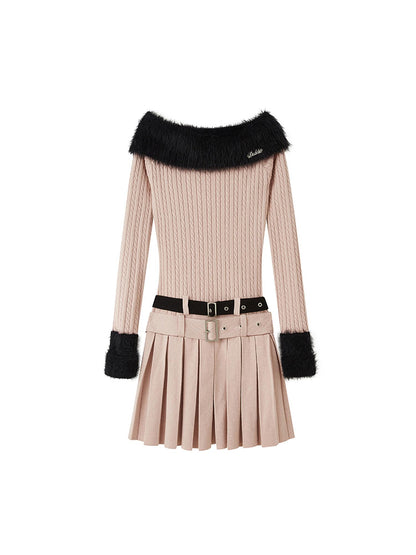 DIDDI MODA Sweet Cool Off Shoulder Knit Set With Dual Belts