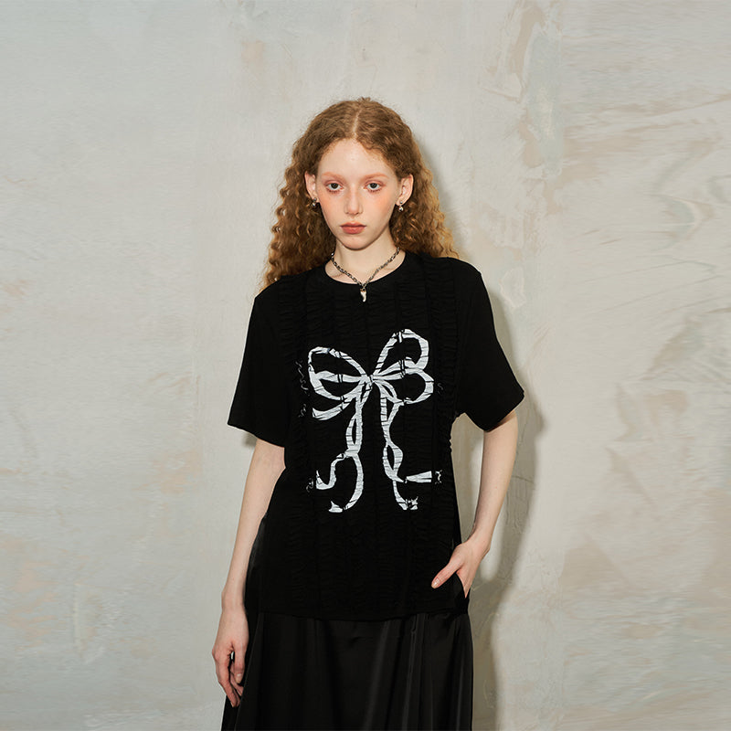 DIDDI MODA Deconstructed Bow Pleat Print Tee Dress