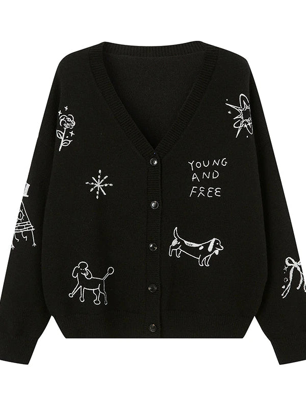 Retro Embroidered Dachshund V Neck Knit Cardigan