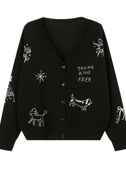 Retro Embroidered Dachshund V Neck Knit Cardigan