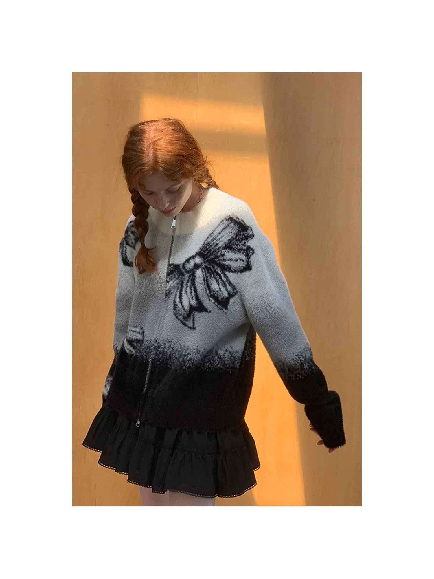 Black Grey Gradient Bow Knit Cardigan